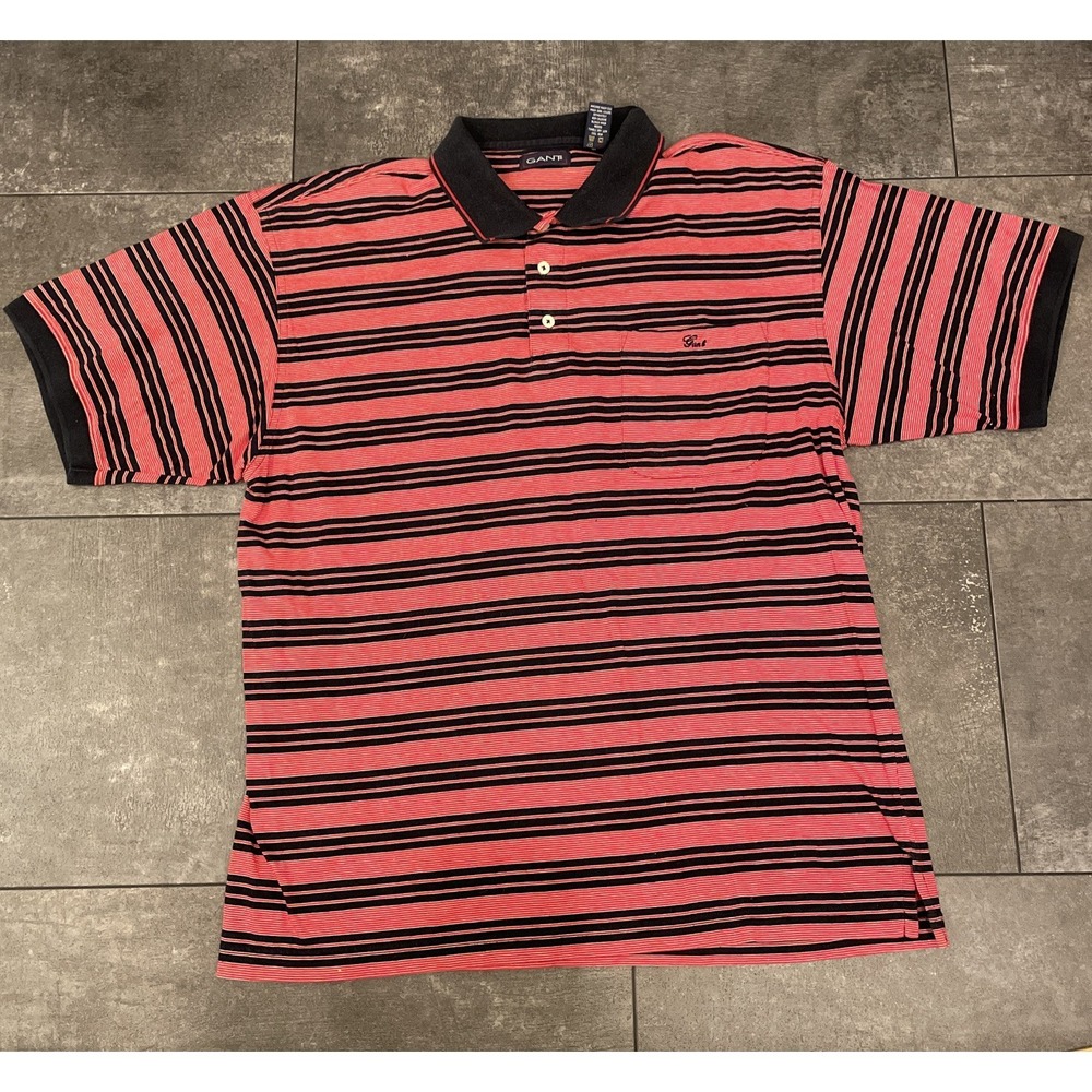 Gant Polo Shirt Vintage Mens Large Red Blue Striped Short Sleeve Cotton